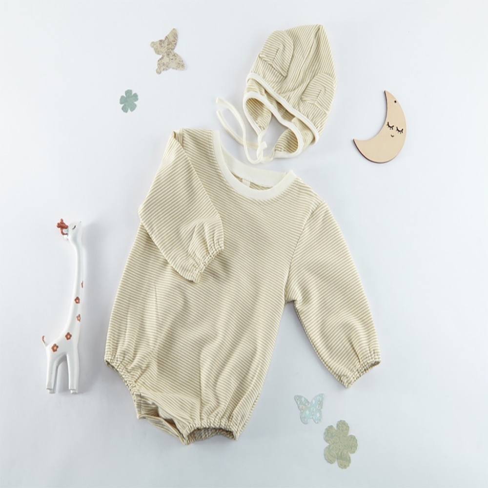Baby Striped Long Sleeve Romper Hat Set Beige